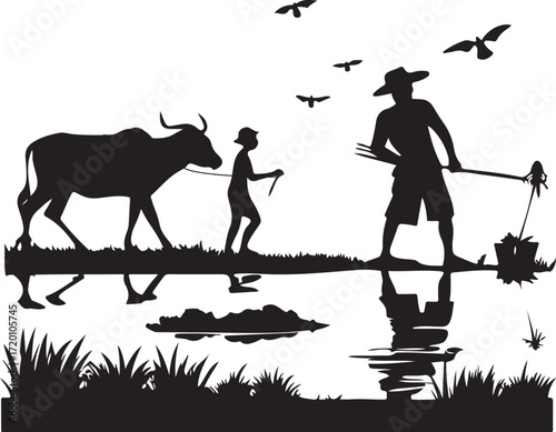 Farmer and child with cow in silhouette at sunrise with birds flying overhead