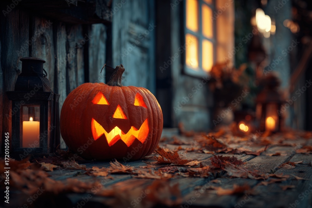 Fototapeta premium Glowing Jack-o'-Lantern with Candlelight on Rustic Autumn Porch