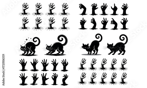 Scary zombie hands and black cats silhouette set for halloween design and decoration 
