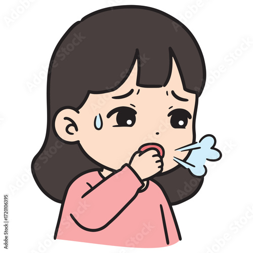 Illustration of a young girl coughing with a worried expression, experiencing respiratory discomfort and illness