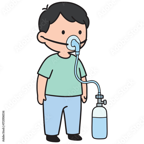 Child receiving oxygen therapy from a portable oxygen concentrator machine, medical treatment illustration