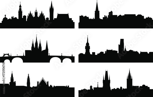 This vector silhouette set of historic European cities features famous landmarks from Prague, Czech Republic, and the gothic old town of Bruges