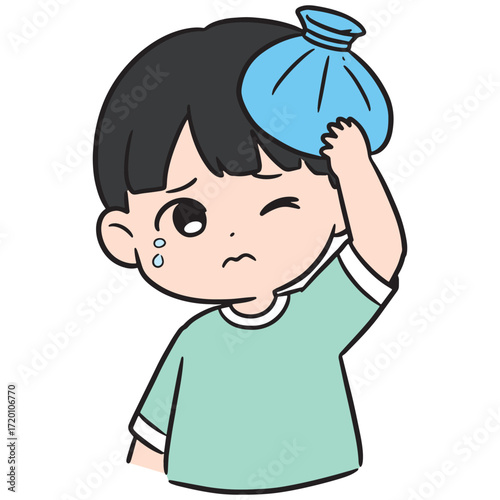 Sick young boy with ice pack on head, feeling unwell with a fever, illustration of child's discomfort and illness