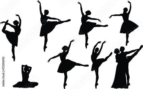 Ballet dancer silhouette illustration set, black and white vector icons, elegant poses, tutu, partnered lift, performance, motion, artistic design