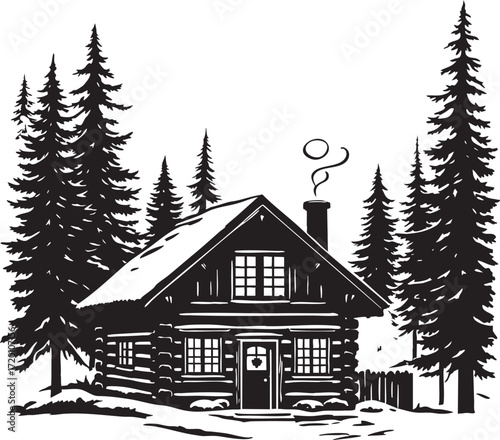 A monochrome illustration of a log cabin nestled among tall pine trees in a winter landscape