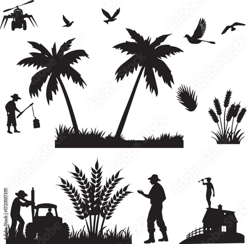 Silhouettes of rural life with palm trees people and machinery