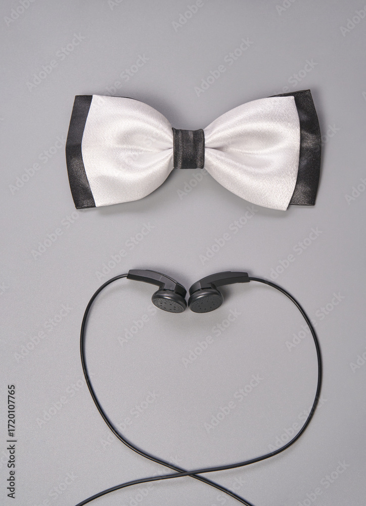 Fototapeta premium Elegant white bow tie and black earbuds on gray background for fashion and music lovers.