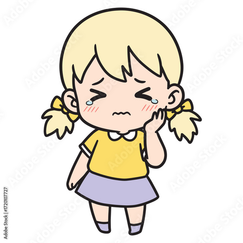 Child suffering from toothache, holding her cheek in distress, with tears in her eyes and a sad expression