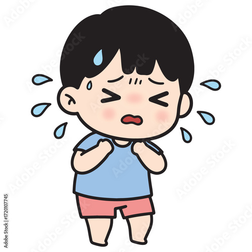 Child expressing distress and discomfort with a worried facial expression and sweat droplets around its head
