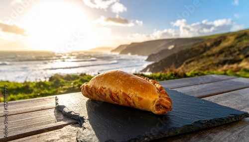 Cornish pasty on a slate board with a coastal view at sunset.