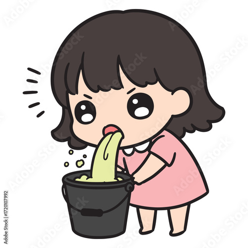 Cute Cartoon Girl Feeling Sick and Vomiting into a Bucket - Expressing Discomfort and Nausea Visually