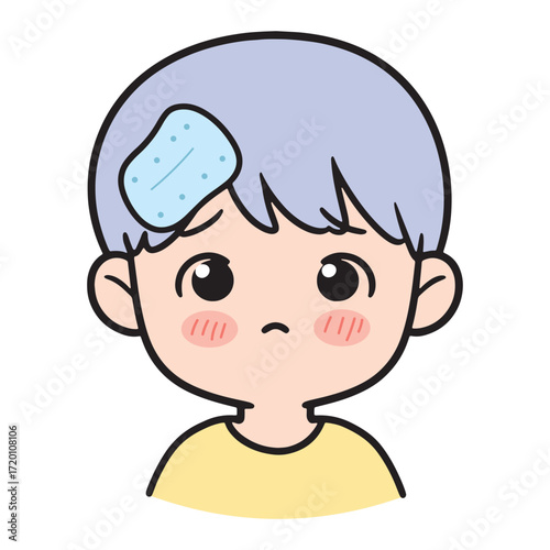 A cute illustration of a young boy with a cold compress on his forehead, looking sad and unwell