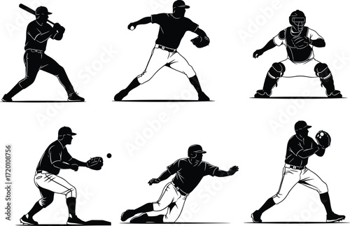 Baseball player silhouette set, black and white action poses, pitching, batting, catching, sliding, fielding, vector sports illustration for design