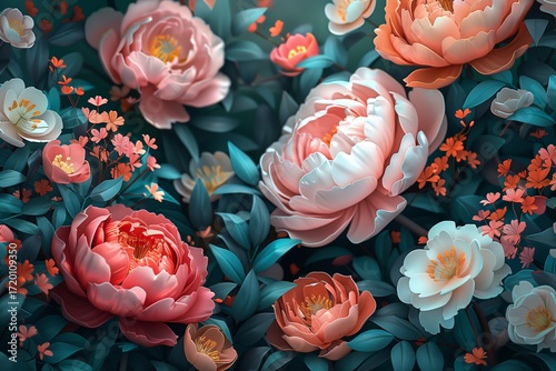 A vibrant display of blooming peonies and delicate flowers in a lush garden setting.