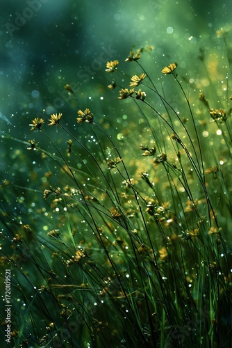 A vibrant field of wildflowers dancing in a gentle breeze, illuminated by soft sunlight.