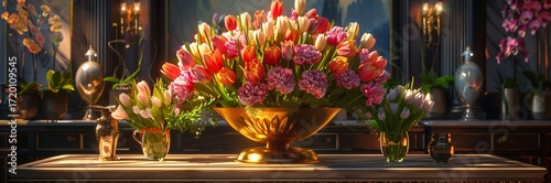 A vibrant floral arrangement featuring colorful tulips in elegant vases.