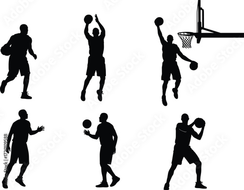 Basketball player silhouette set, dynamic action poses, dribbling, dunking, shooting, isolated black vector, sports illustration for design use