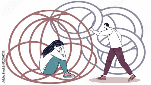 Vector Art of Woman knot Shapes with Man Behind Whispering, Symbolic Emotional Conflict 