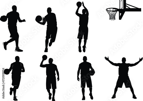 Basketball player silhouette set, dynamic action poses, dribbling, shooting, dunking, isolated black figures, sports vector illustration for design