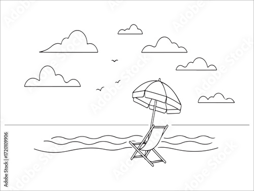 Simple beach outline with chair umbrella clouds and ocean view