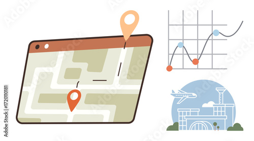 Digital navigation map with markers, line graph trends, and airport terminal design. Ideal for travel, logistics, analytics, transportation, tourism, technology business planning minimalist flat