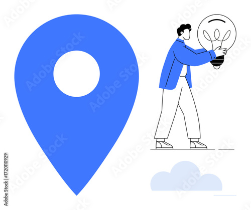 Large blue location pin and a man holding a glowing light bulb, representing ideas and innovation. Ideal for creativity, solutions, navigation, technology, startups, innovation, simple flat metaphor