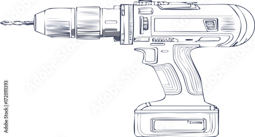 Hand-drawn vector illustration of a modern cordless power drill in a detailed sketch style for construction and DIY projects