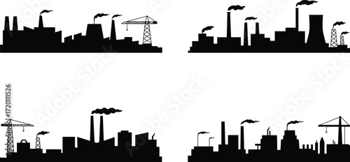 A vector silhouette set of industrial skylines, this collection features factory buildings, manufacturing plants with smoking chimneys, and heavy construction cranes