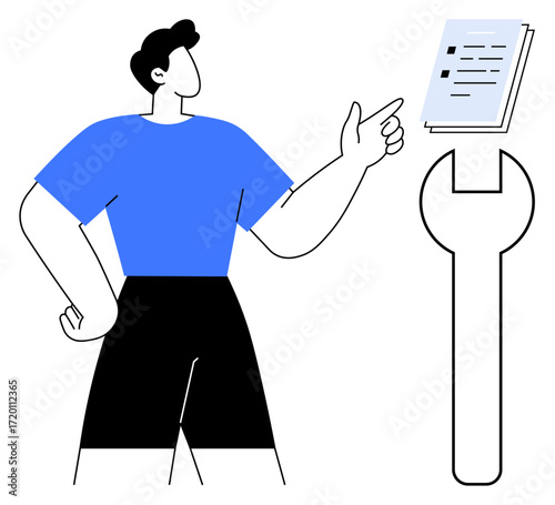 Minimalist design of a person pointing to a document positioned above a wrench. Ideal for instruction, manual, repair, guidance, workflow, problem-solving, mechanics. A simple flat metaphor