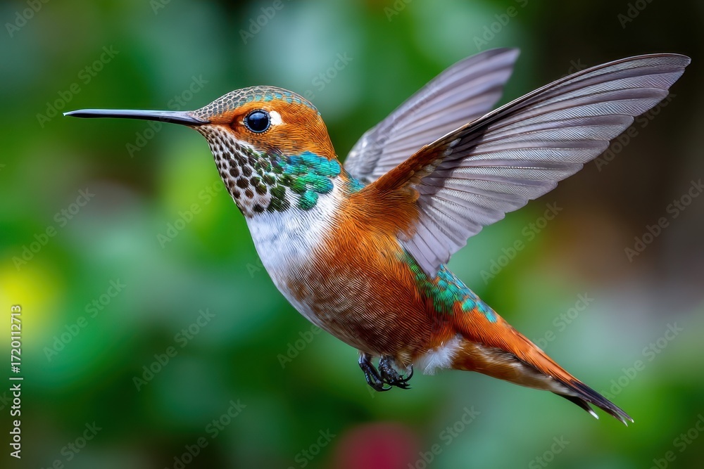 Fototapeta premium Hummingbird in flight with blurred green background