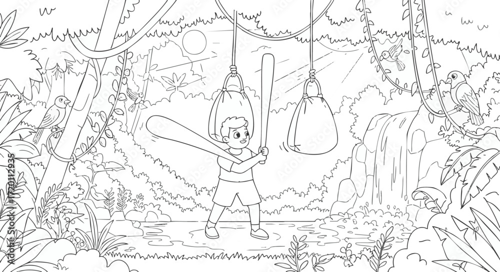 Fototapeta premium Cartoon boy swinging baseball bat in jungle, forest, hitting equipment, sports activity