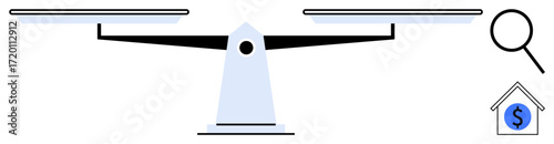 Balance scale comparing values, magnifying glass symbolizing scrutiny, and house with dollar sign representing monetary decisions. Ideal for finance, evaluation, real estate, judgment, equity, risk