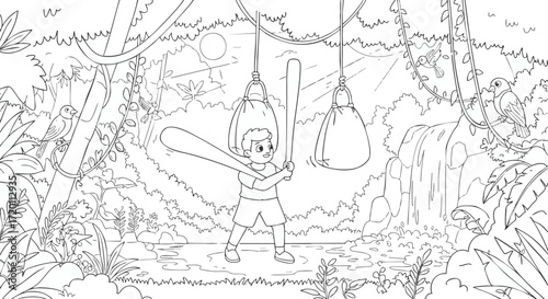 Cartoon boy swinging baseball bat in jungle, forest, hitting equipment, sports activity
