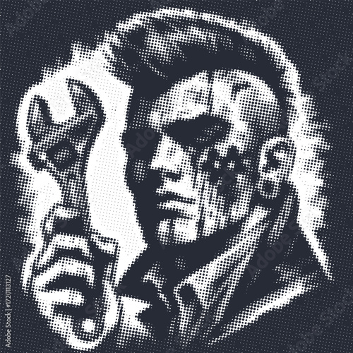 Retro Punk Mechanic Halftone Wall Art. Gritty Monochrome Portrait of a Man with Wrench. Industrial Style Canvas Print for Modern Home, Office, or Garage Decor.