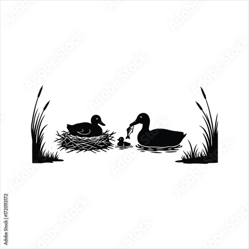 Silhouette of mother duck feeding ducklings in tranquil water with reeds peaceful nature scene