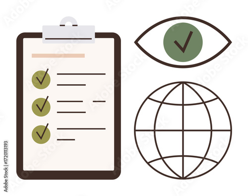 Clipboard with checklist, eye with green checkmark, and globe outline. Ideal for project planning, task organization, global strategy, monitoring, compliance, productivity simple flat metaphor