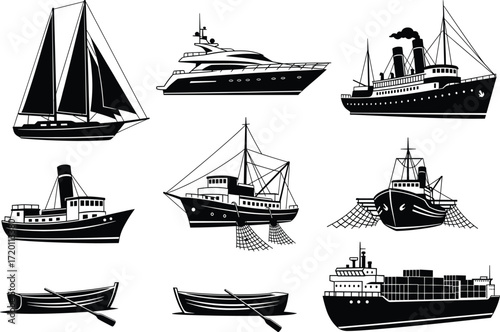 Boat silhouette collection, sailboat, yacht, steamship, passenger boat, fishing trawler, cargo ship, rowboat, maritime icons, black vector illustration