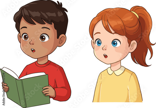 Cartoon kids reading book with surprised expressions, educational vector illustration for storytelling, learning, school, classroom, and children’s content