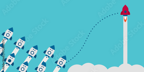 One red rocket ship breaks away from a group of white rockets launching into the sky