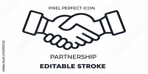 Simple line art icon of two hands shaking in partnership agreement and collaboration