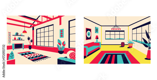 Spacious loft interior blending global cultural influences with modern minimalist design vector art design