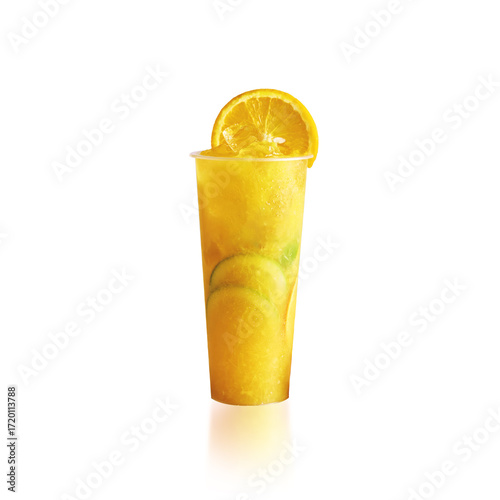 Cold lemon orange fruit tea in clear cup, isolated on white background