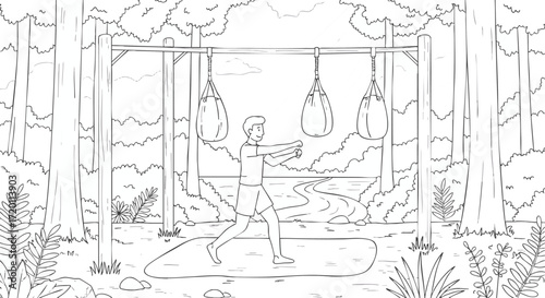 Black and white illustration of a person exercising outdoors with punching bags in a serene forest, depicting a healthy and active lifestyle in nature