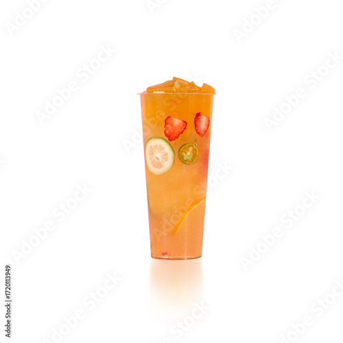 Cold mixed fruit tea jelly in clear cup, isolated on white background