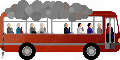 Passengers inside a red bus emitting thick grey smoke from the top symbolizing a problem or crisis