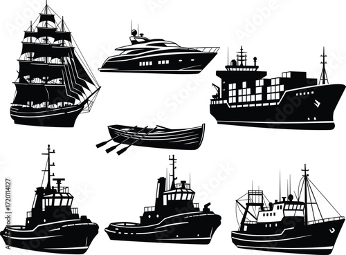 Boat silhouette set, sailing ship, yacht, cargo vessel, rowboat, tugboat, fishing trawler, maritime icons, isolated black vector illustration