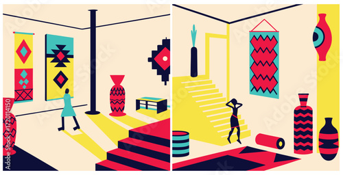 Visually striking space that fuses modern concrete architecture with vibrant tribal inspired decor vector art design