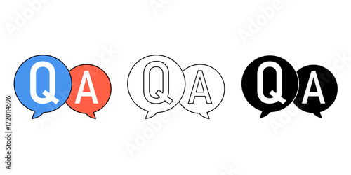Question and Answer icon set, Q and A speech bubble design, communication support, customer service help, FAQ concept, discussion and feedback symbol illustration.