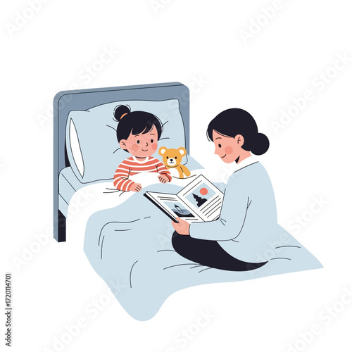 A mother reads a bedtime story from a book to her young daughter in bed with a teddy bear.