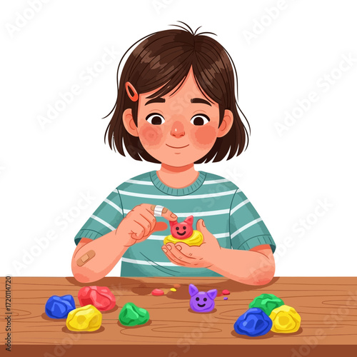 A young girl with a band-aid on her finger happily sculpts a small, colorful clay figure, surrounded by various lumps of modeling dough on a wooden table.